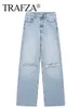 Kvinnors jeans trafza blå baggy jeans kvinnor rippade denim byxor kvinna hög midja breda ben byxor mode y2k streetwear kvinnors byxor 230728