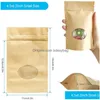 Förpackningsväskor 100st/Lot Kraft Paper återanvändbar tätning Matpåsar Stand-up Fruit Tea Presentpaket med transparent fönsterdroppe levererar otia9