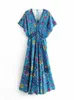 Grundläggande avslappnade klänningar Vintage Chic Women's Peacock Flower Print Bat Sleeve Beach Bohemian Maksi Dress Women's V-ringning Tassel Summer Bohemian Dress 230728