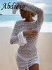 Повседневные платья Abdieso Белое летнее вязаное вязаное платье с длинным рукавом мини -женское наряды мода 2023 o шее без спинка сексуальная пляжная вечеринка