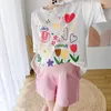 Sleep Lounge Pregnant Womens Summer Clothing Suit Short Sleeve White Tshirtpink Shorts 2Pcs Printed Casual Loose Maternity Clothes Set 230728