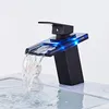 Bathroom Sink Faucets LED Basin Faucet Brass Waterfall Temperature Colors Change Mixer Tap Deck Mounted