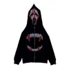 Men's Hoodies Funny Skull Ripped Teeth Grunge Rhinestones Full Zip Up Men Women Y2k Long Sleeve Sweatshirts Streetwear Oversized Coat