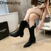 Boots Woman Western Cowgirl Boot Fashion Point Toe Mid Calf Booties Winter Square Heel Women's Shoes 230727