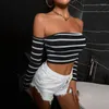 Kadın Tişörtleri Omuzdan Slim Fit Sıradan Seksi Kısa Gömlek Kadınlar için Stripe Tee Uzun Kollu Siyah Beyaz Blok Siyahsız Bluz Üstleri
