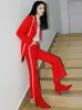 Women's Two Piece Pants Fashion Autumn Set Designer Coat Tops Slim Casual Vintage Elegant Office Party Celebrity High Quality Red Suit