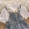 Women's Tracksuits Embroidery Floral Women Blouses Sets White Short Sleeve Blouse Denim Straps Shorts Suits Summer Jumpsuits Set