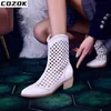 Boots White Mesh Boots Hollow Short Boots Women Summer Mid-heel Cool Boots Breathable Boots Pointed Toe Western Cowboy Boots 230727