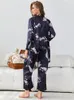 Damen-Nachtwäsche, langärmeliges Pyjama-Set, 3-teiliger Anzug, Vögel-Druck, Pyjama für Damen, Herbst, Homewear, Spitze, Loungewear