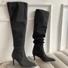 Botlar Piled High Topuklu Denim Botlar Kadınlar için 2023 Sonbahar Kot High Cowboy Boot Kadın Mavi İnce High Topuklu Uzun Botas Feminina Z230728