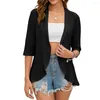 Femmes Gilets Femmes D'été Revers Manches 3/4 Évider Cardigan Boho Tops Couleur Unie Ouvert Devant Manteau Drapé À Volants Ourlet Chemise Mince Survêtement