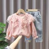 Kleidungssets AiLe Rabbit Mädchen Set Tops und Hosen 2 Stück Band Kurze Schlinge Mode Blau Hosenträger Shorts Europäische Kinderanzüge 230728