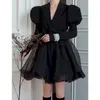 Casual Dresses UNXX Korean Black Mini Blazer Kleid Frauen Elegante Vintage Chic Mesh Design Y2k Winter Schärpe Abend Party Slim