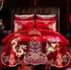 Conjuntos de cama 4 6 pçs Luxo Loong Phoenix Bordado Capa de Edredom Vermelho Lençol de Algodão Estilo Chinês Capa de Casamento Conjunto Casa Têxtil 230727