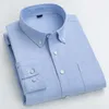 Camisas sociais masculinas de algodão de cor pura manga longa masculina xadrez fácil de cuidar Oxford bolso grande botão para cima