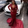 Party Dresses Burgundy Prom Long Mermaid Lace Appliques Stretchy Fabric Sweep Train African Black Girls Evening Gowns CP518