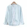 Men's Casual Shirts Summer Thin Standing Collar Linen Long Sleeved Shirt White Collarless Top Coat