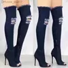 Boots Hot fashion women's boots high heels spring and autumn peeping toes on the knees tight high heels denim women's boots Z230728