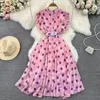 Casual klänningar elegant stativ ruffle hylsa midja inslagna a-line stor svängande rosa polka dot robe femme vestido maxi klänning kvinnor