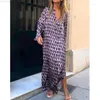 Casual Dresses Women's Summer Sundresses Floral Maxi Dress Loose V Neck Long Sleeve Vestidos Spring Elegant Chic Holiday Shirt Robe Lady