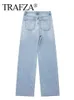 Kvinnors jeans trafza blå baggy jeans kvinnor rippade denim byxor kvinna hög midja breda ben byxor mode y2k streetwear kvinnors byxor 230728