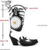 ブーツ女性のデニム花柄の足首ブーツPUレザー刺繍ハイヒールズ女性デニムシューズウエスタンデザイナーシューズ43 Z230728