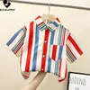 Kids Shirts Boys Baby Boy Fashion Short Sleeve Lapel Singlebreasted Striped Letter Print Shirt Tops Children Clothing 230728