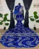 Feestjurken Luxe Sparkly Royal Blue Mermaid Prom 2023 Beads Crystal Feather Tassles Dress Formele Avond