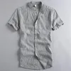 Men's Casual Shirts Mens Cotton Linen Striped Short Sleeve Mandarin Collar Men Summer Slim Fit Flax Dress Male TS-443