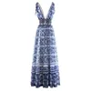 Vestidos Casuais Básicos Menahem Vestido Longo Férias de Verão Feminino Laço Espaguete Alça Ombro Decote em V Cintura Elástica Azul e Estampado Porcelana Robe Longo Festa 230727