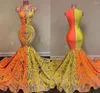 Vestidos de fiesta Elegante amarillo naranja sirena Prom para mujer Apliques de encaje See Through Jewel Neck Sweep Train Vestidos de cumpleaños formales