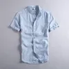 Men's Casual Shirts Mens Cotton Linen Striped Short Sleeve Mandarin Collar Men Summer Slim Fit Flax Dress Male TS-443