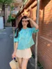 Blusas Femininas Estilo Japonês Estudantes Femininas Camisas de Verão Design Curto Manga Bufante Gola Abotoada Jaqueta Feminina Azul Branco