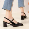 Jurk Schoenen Hoge Hakken Mary Jane Sandalen Vrouwen 2023 Zomer Rood Lakleer Slingbacks Pumps Vrouw Vierkante Neus Dikke hakken Dames