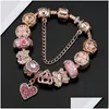 Charm Bracelets Top Quality Rose Gold Pink Sier Beads Cherry Red Heart Crystal Butterfly Flower Fits European Pandora Charms Safety Dhrhz