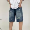 Jeans voor heren, denim shorts, briefborduurwerk, gescheurd gat, korte dames, wijde pijpen, hiphop, trekkoord, vintage broek, zomer