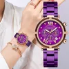 Montres-bracelets femmes calendrier romain montres mode brillant dames luxe violet acier inoxydable femme montre à Quartz horloge