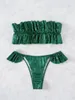 Kvinnors badkläder 2023 Trend Kvinnor Shiny Green Snake Print Ruffle Pleate Push Up Swimsuit Beach Bathing Suit 2-Piece Sexy Bikini Set