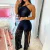 Kvinnors jumpsuits Rompers Elegant Women's Jumpsuit Summer Axless Lace High Stitch See Through Holiday Long Sexy Longset 230727