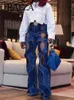 Dżinsy damskie Trafza Women Casual Hollow Out Dżinsy Moda szerokie nogi dżinsy żeńskie dżinsowe spodnie uliczne Criss Cross Prosty Flare Pant 230728