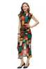 Women's Runway Dresses O Neck Sleeveless Color Block Printed Sexy Split Sheath Fashion Designer Vestidos