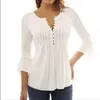 Women's Blouses 2023 Summer Ladies V-Neck 3/4 Sleeve Blouse Fashion Women Loose Sexy Solid Color Female Pleated Tops