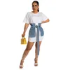 Women's Two Piece Pant Full Sleeve Jean Patchwork Short Dresses Female Autumn Casual Bodycon Denim Sweatshirt Fashion Streetwear 230727