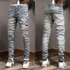 Trasiga jeans mäns smala passformade panelerade stretch denim byxor i blått