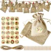 Emballage cadeau 24 ensembles sacs de Noël toile de jute Bundle poche calendrier de l'avent bonbons avec autocollants Clips267p