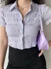 Blusas Femininas VITALITYEC Estilo Europeu e Americano Lavanda Roxo Plissado Fino Xadrez Camisa de Manga Curta Feminino Top Slim Curto