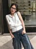 Coletes femininos Vintage Light Grey Crop Hoodies Feminino Y2K Streetwear Harajuku Sem Mangas Bolso com Zíper Colete com Capuz Casaco Solto de Verão T-shirt