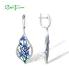 Stud SANTUZZA 925 Sterling Silver Earrings For Women White CZ Blue Orchid Flower Drop Trendy Fine Jewelry Handmade Enamel 230727