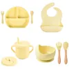 Tasses Vaisselle Ustensiles 4 6 8 PCS Bébé Souple En Silicone Bavoir Assiette À Dîner Ventouse Bol Cuillère Fourchette Ensemble Antidérapant De Qualité Alimentaire Enfants 230727