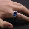 Wedding Rings Real Pure 925 Sterling Silver For Men Blue Natural Crystal Turquoise Stone Mens Ring Vintage Engraved Flower Fine Jewelry 230727